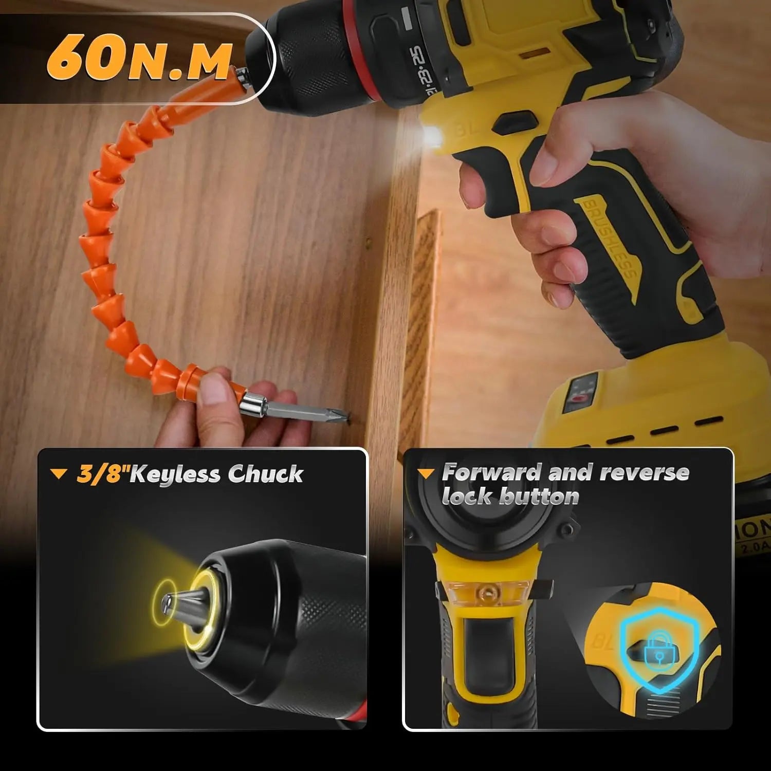 Cordless Drill Driver Compatible with Dewalt 20V Battery Brushless Two Speed - Image 4